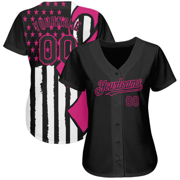 Custom Black Hot Pink-White 3D Pink Ribbon Breast Cancer Awareness Month Women Health Care Support Authentic Baseball Jersey