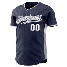 Загрузить изображение в средство просмотра галереи, Custom Navy Gray-White Classic Color Block Side Panel Stripe Authentic Baseball Jersey

