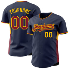 Laden Sie das Bild in den Galerie-Viewer, Custom Navy Crimson-Gold Classic Color Block Side Panel Stripe Authentic Baseball Jersey
