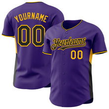 Charger l'image dans la galerie, Custom Purple Black-Gold Classic Color Block Side Panel Stripe Authentic Baseball Jersey
