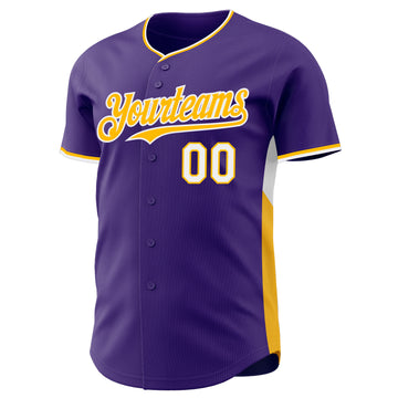 Custom Purple Gold-White Classic Color Block Side Panel Stripe Authentic Baseball Jersey