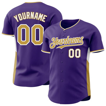 Custom Purple Old Gold-White Classic Color Block Side Panel Stripe Authentic Baseball Jersey
