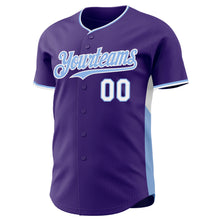 Charger l'image dans la galerie, Custom Purple Light Blue-White Classic Color Block Side Panel Stripe Authentic Baseball Jersey
