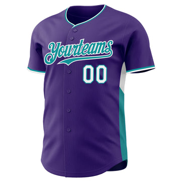 Custom Purple Teal-White Classic Color Block Side Panel Stripe Authentic Baseball Jersey