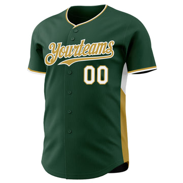 Custom Green Old Gold-White Classic Color Block Side Panel Stripe Authentic Baseball Jersey