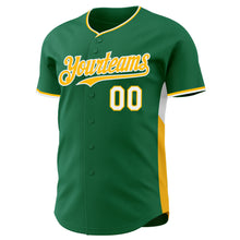 Laden Sie das Bild in den Galerie-Viewer, Custom Kelly Green Gold-White Classic Color Block Side Panel Stripe Authentic Baseball Jersey
