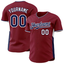 Load image into Gallery viewer, Custom Crimson Navy-White Classic Color Block Side Panel Stripe Authentic Baseball Jersey

