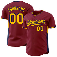 Load image into Gallery viewer, Custom Crimson Gold-Navy Classic Color Block Side Panel Stripe Authentic Baseball Jersey
