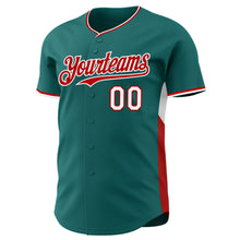 Laden Sie das Bild in den Galerie-Viewer, Custom Teal Red-White Classic Color Block Side Panel Stripe Authentic Baseball Jersey
