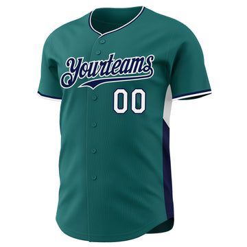 Custom Teal Navy-White Classic Color Block Side Panel Stripe Authentic Baseball Jersey