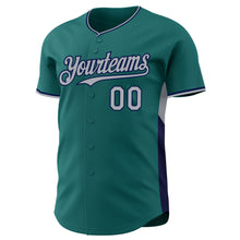 Laden Sie das Bild in den Galerie-Viewer, Custom Teal Gray-Navy Classic Color Block Side Panel Stripe Authentic Baseball Jersey
