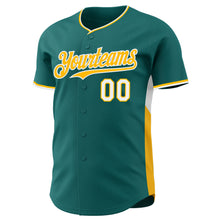 Load image into Gallery viewer, Custom Teal Gold-White Classic Color Block Side Panel Stripe Authentic Baseball Jersey
