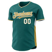 Загрузить изображение в средство просмотра галереи, Custom Teal Old Gold-White Classic Color Block Side Panel Stripe Authentic Baseball Jersey
