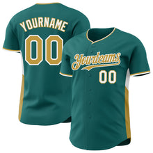 Загрузить изображение в средство просмотра галереи, Custom Teal Old Gold-White Classic Color Block Side Panel Stripe Authentic Baseball Jersey
