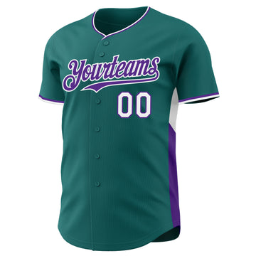 Custom Teal Purple-White Classic Color Block Side Panel Stripe Authentic Baseball Jersey