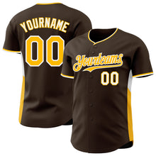 Laden Sie das Bild in den Galerie-Viewer, Custom Brown Gold-White Classic Color Block Side Panel Stripe Authentic Baseball Jersey
