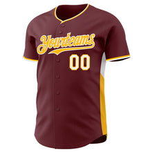 Load image into Gallery viewer, Custom Burgundy Gold-White Classic Color Block Side Panel Stripe Authentic Baseball Jersey
