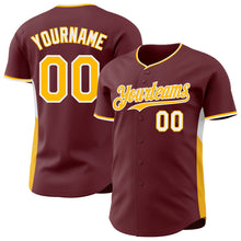 Load image into Gallery viewer, Custom Burgundy Gold-White Classic Color Block Side Panel Stripe Authentic Baseball Jersey
