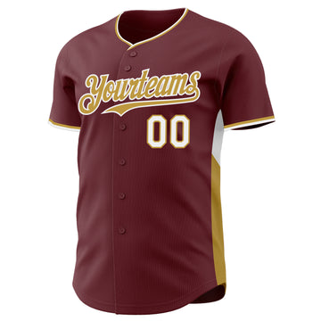 Custom Burgundy Old Gold-White Classic Color Block Side Panel Stripe Authentic Baseball Jersey
