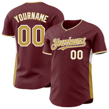 Load image into Gallery viewer, Custom Burgundy Old Gold-White Classic Color Block Side Panel Stripe Authentic Baseball Jersey
