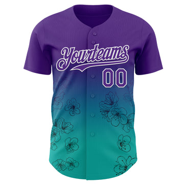 Custom Purple Aqua-White Cherry Blossoms Sakura Gradient Authentic Baseball Jersey