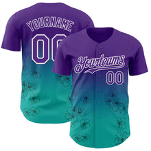 Загрузить изображение в средство просмотра галереи, Custom Purple Aqua-White Cherry Blossoms Sakura Gradient Authentic Baseball Jersey
