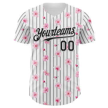 Custom White Pinstripe-Black Cherry Blossoms Sakura Authentic Baseball Jersey