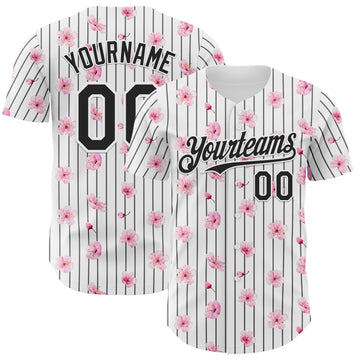 Custom White Pinstripe-Black Cherry Blossoms Sakura Authentic Baseball Jersey