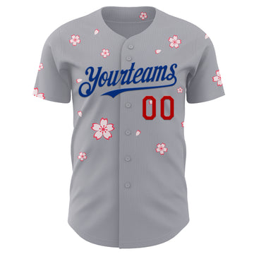 Custom Gray Red-Royal Cherry Blossoms Sakura Authentic Baseball Jersey