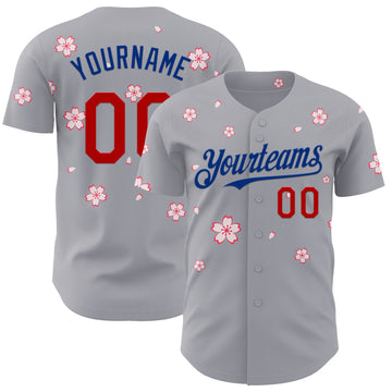 Custom Gray Red-Royal Cherry Blossoms Sakura Authentic Baseball Jersey