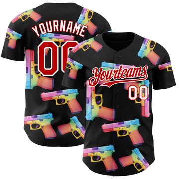 Custom Black Red-White Colorful Firepower 3D Pattern Design Authentic Baseball Jersey