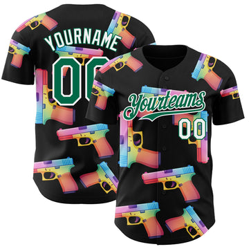 Custom Black Kelly Green-White Colorful Firepower 3D Pattern Design Authentic Baseball Jersey