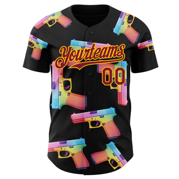Custom Black Crimson-Gold Colorful Firepower 3D Pattern Design Authentic Baseball Jersey