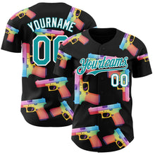 Charger l'image dans la galerie, Custom Black Teal-White Colorful Firepower 3D Pattern Design Authentic Baseball Jersey
