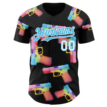 Custom Black Sky Blue-White Colorful Firepower 3D Pattern Design Authentic Baseball Jersey