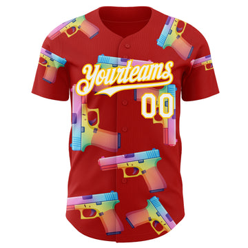 Custom Red White-Yellow Colorful Firepower 3D Pattern Design Authentic Baseball Jersey