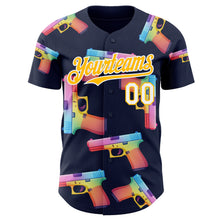 Charger l'image dans la galerie, Custom Navy Gold-White Colorful Firepower 3D Pattern Design Authentic Baseball Jersey
