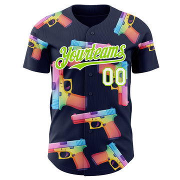 Custom Navy Neon Green-White Colorful Firepower 3D Pattern Design Authentic Baseball Jersey