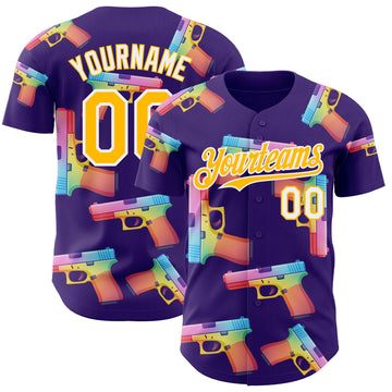 Custom Purple Gold-White Colorful Firepower 3D Pattern Design Authentic Baseball Jersey