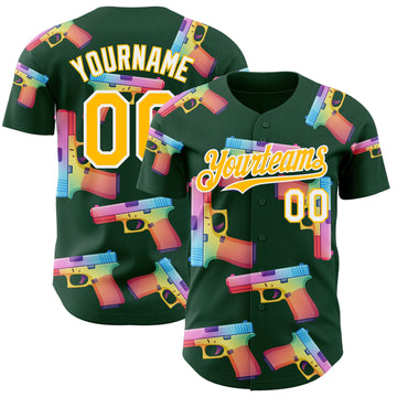 Custom Green Gold-White Colorful Firepower 3D Pattern Design Authentic Baseball Jersey