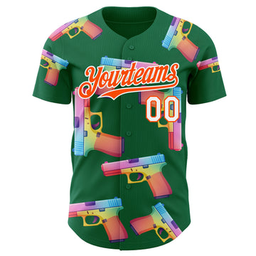 Custom Kelly Green Orange-White Colorful Firepower 3D Pattern Design Authentic Baseball Jersey