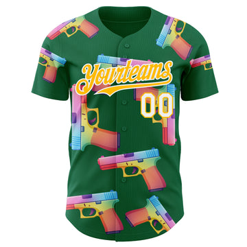 Custom Kelly Green Gold-White Colorful Firepower 3D Pattern Design Authentic Baseball Jersey