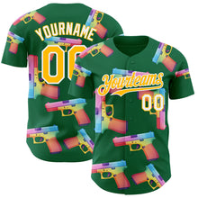 Charger l'image dans la galerie, Custom Kelly Green Gold-White Colorful Firepower 3D Pattern Design Authentic Baseball Jersey
