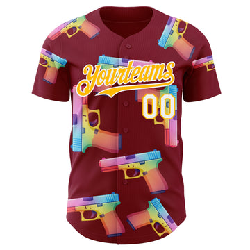 Custom Crimson Gold-White Colorful Firepower 3D Pattern Design Authentic Baseball Jersey
