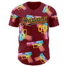 Laden Sie das Bild in den Galerie-Viewer, Custom Crimson Navy-Gold Colorful Firepower 3D Pattern Design Authentic Baseball Jersey
