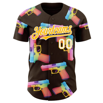Custom Brown Gold-White Colorful Firepower 3D Pattern Design Authentic Baseball Jersey