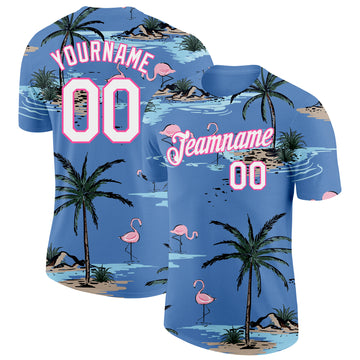 Custom Light Blue White-Pink Tropical Hawaii Palm Trees Summer Beach Flamingo Performance T-Shirt