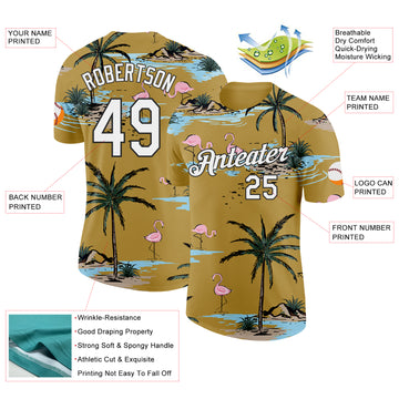 Custom Old Gold White-Black Tropical Hawaii Palm Trees Summer Beach Flamingo Performance T-Shirt