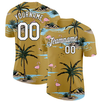 Custom Old Gold White-Black Tropical Hawaii Palm Trees Summer Beach Flamingo Performance T-Shirt