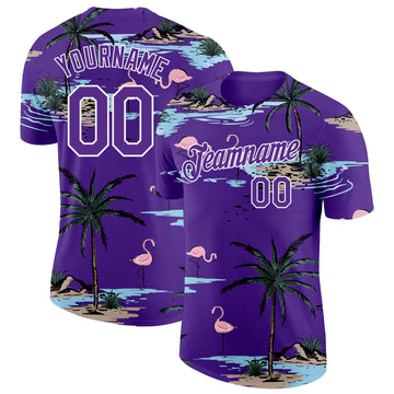 Custom Purple-White Tropical Hawaii Palm Trees Summer Beach Flamingo Performance T-Shirt